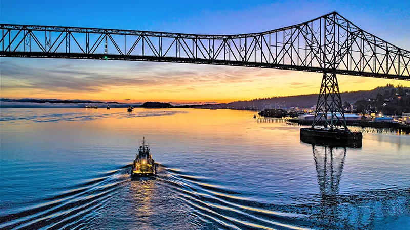 Fishing boats docked at Astoria, Oregon harbor on the Columbia River